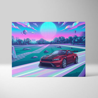 Ford Mustang GTD Inspired Red Purple Canvas Wall Art, Vaporwave Muscle Car Artwork, Neon Futuristic Garage Decor, Retro Track Car Print
