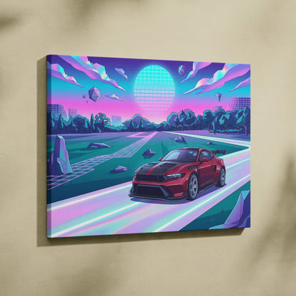 Ford Mustang GTD Inspired Red Purple Canvas Wall Art, Vaporwave Muscle Car Artwork, Neon Futuristic Garage Decor, Retro Track Car Print