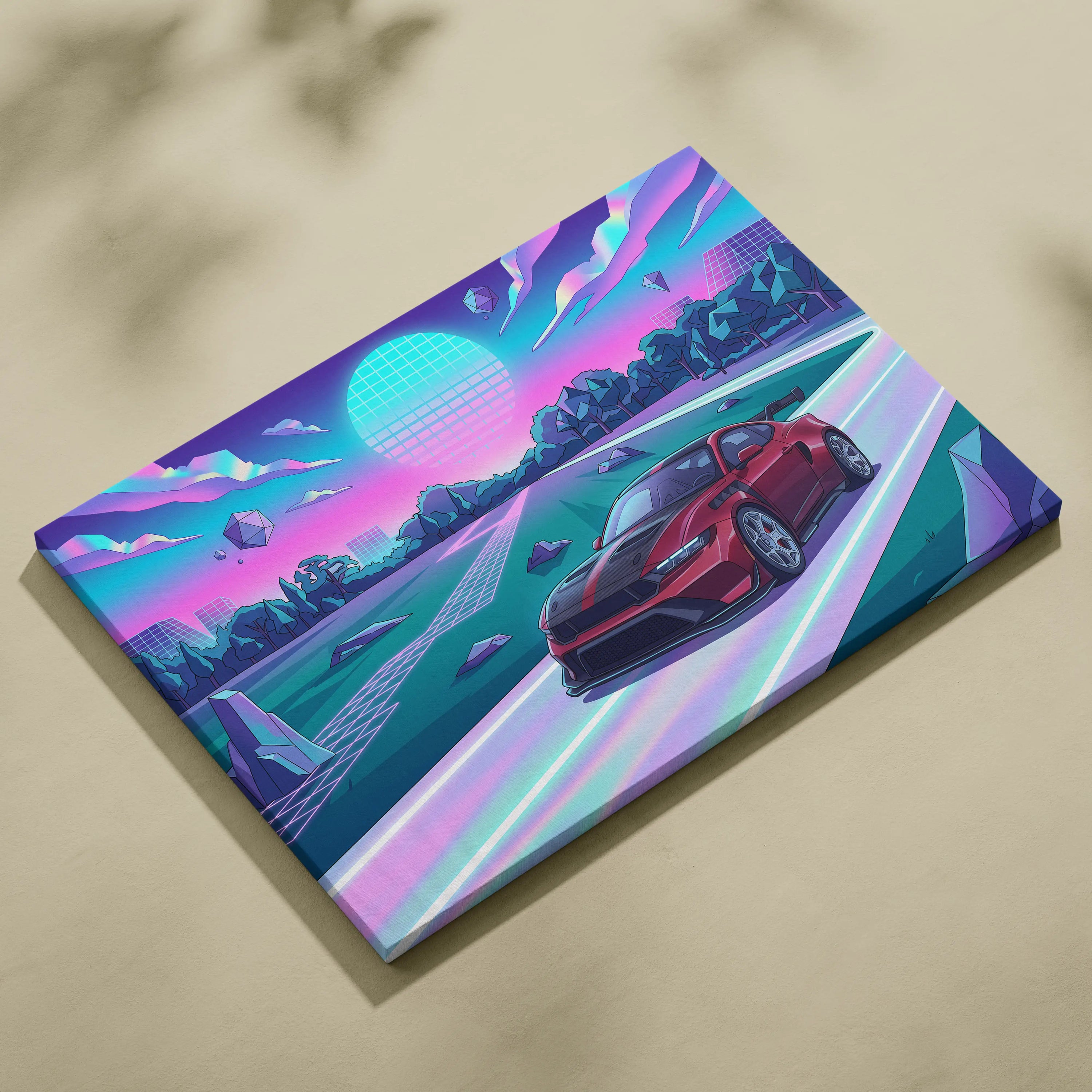 Ford Mustang GTD Inspired Red Purple Canvas Wall Art, Vaporwave Muscle Car Artwork, Neon Futuristic Garage Decor, Retro Track Car Print