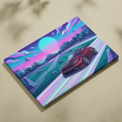 Ford Mustang GTD Inspired Red Purple Canvas Wall Art, Vaporwave Muscle Car Artwork, Neon Futuristic Garage Decor, Retro Track Car Print