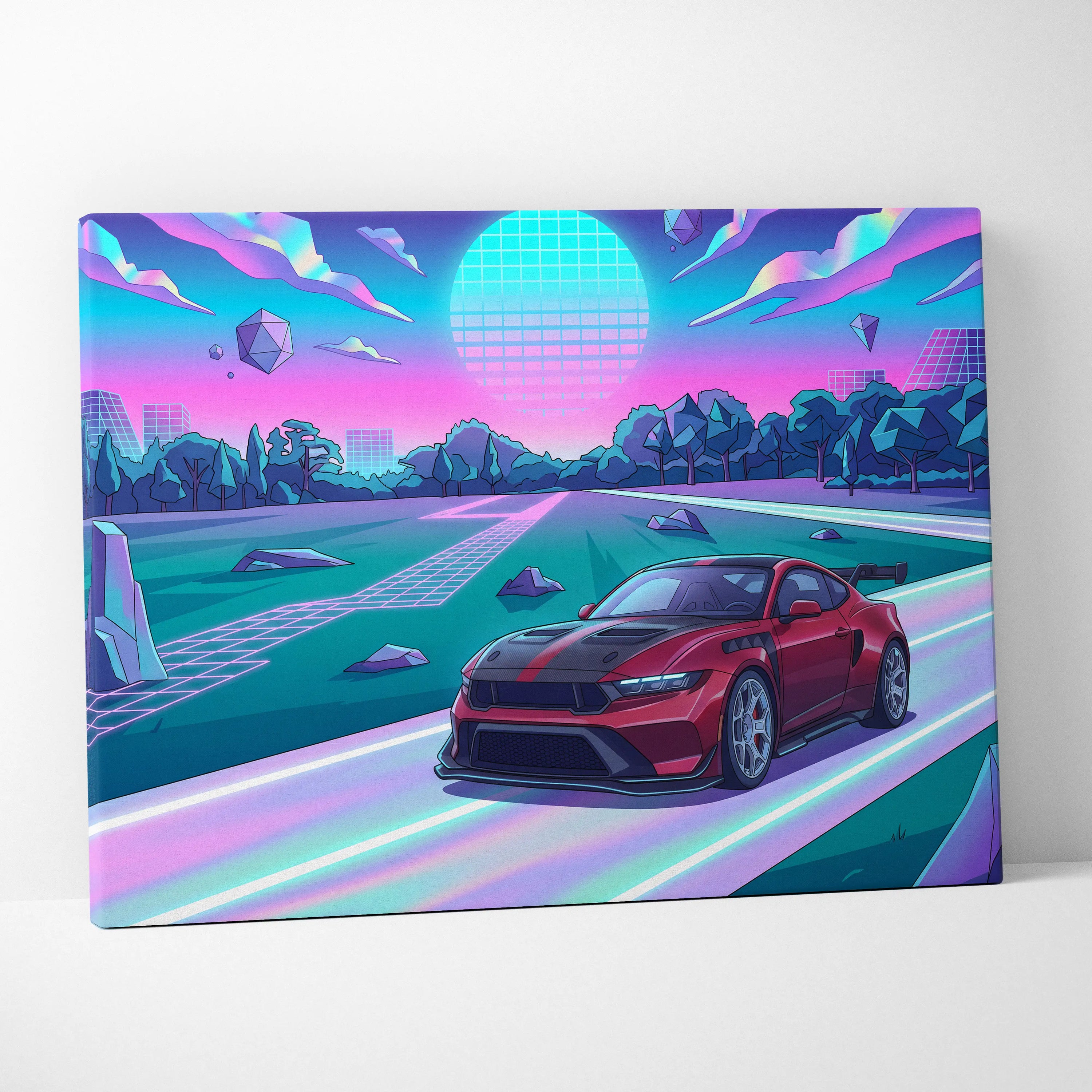 Ford Mustang GTD Inspired Red Purple Canvas Wall Art, Vaporwave Muscle Car Artwork, Neon Futuristic Garage Decor, Retro Track Car Print
