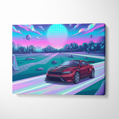Ford Mustang GTD Inspired Red Purple Canvas Wall Art, Vaporwave Muscle Car Artwork, Neon Futuristic Garage Decor, Retro Track Car Print