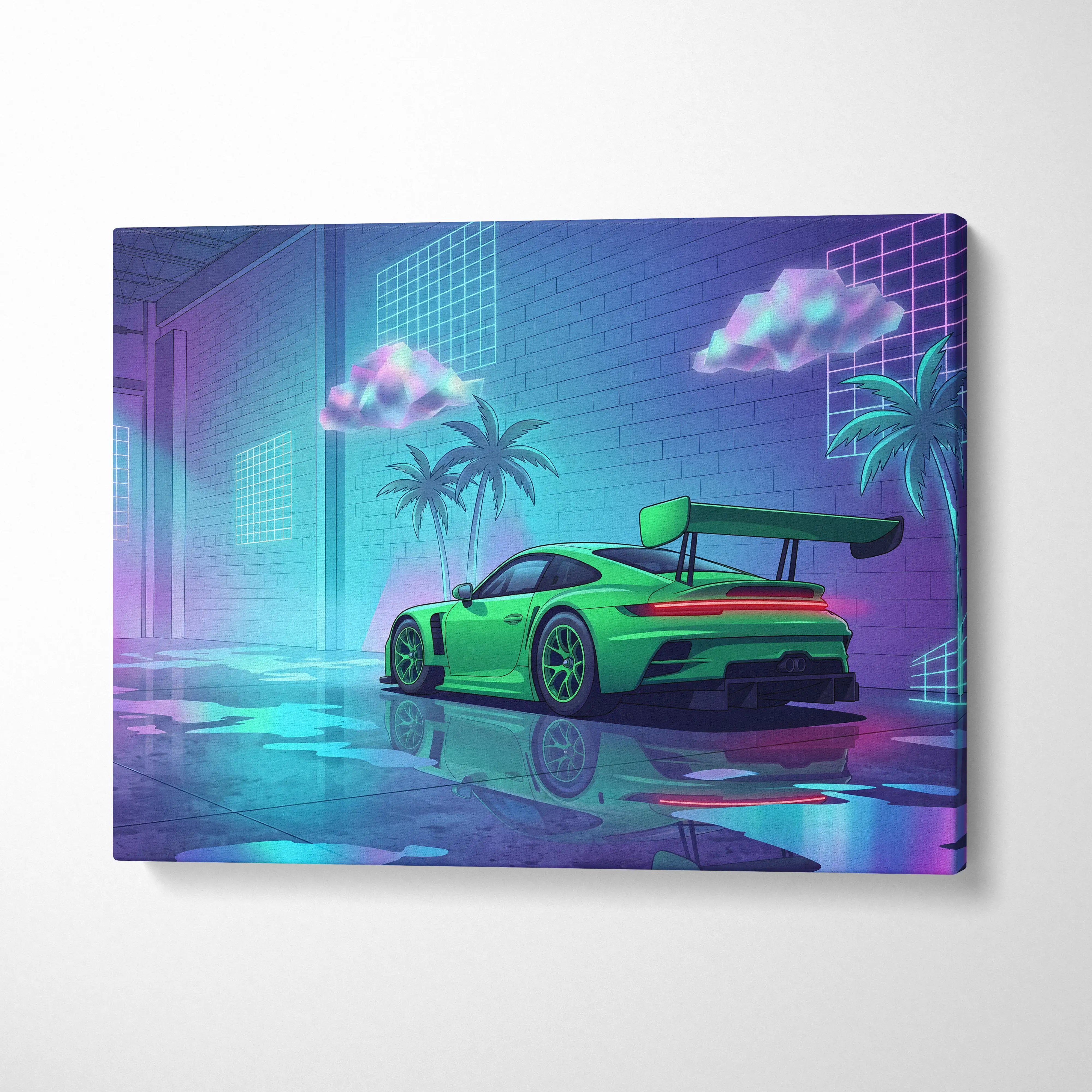 Porsche 911 GT3 RS Inspired Green Purple Canvas Wall Art Vaporwave Neon Garage Sports Car Artwork, Cyberpunk Palm Motorsport Decor