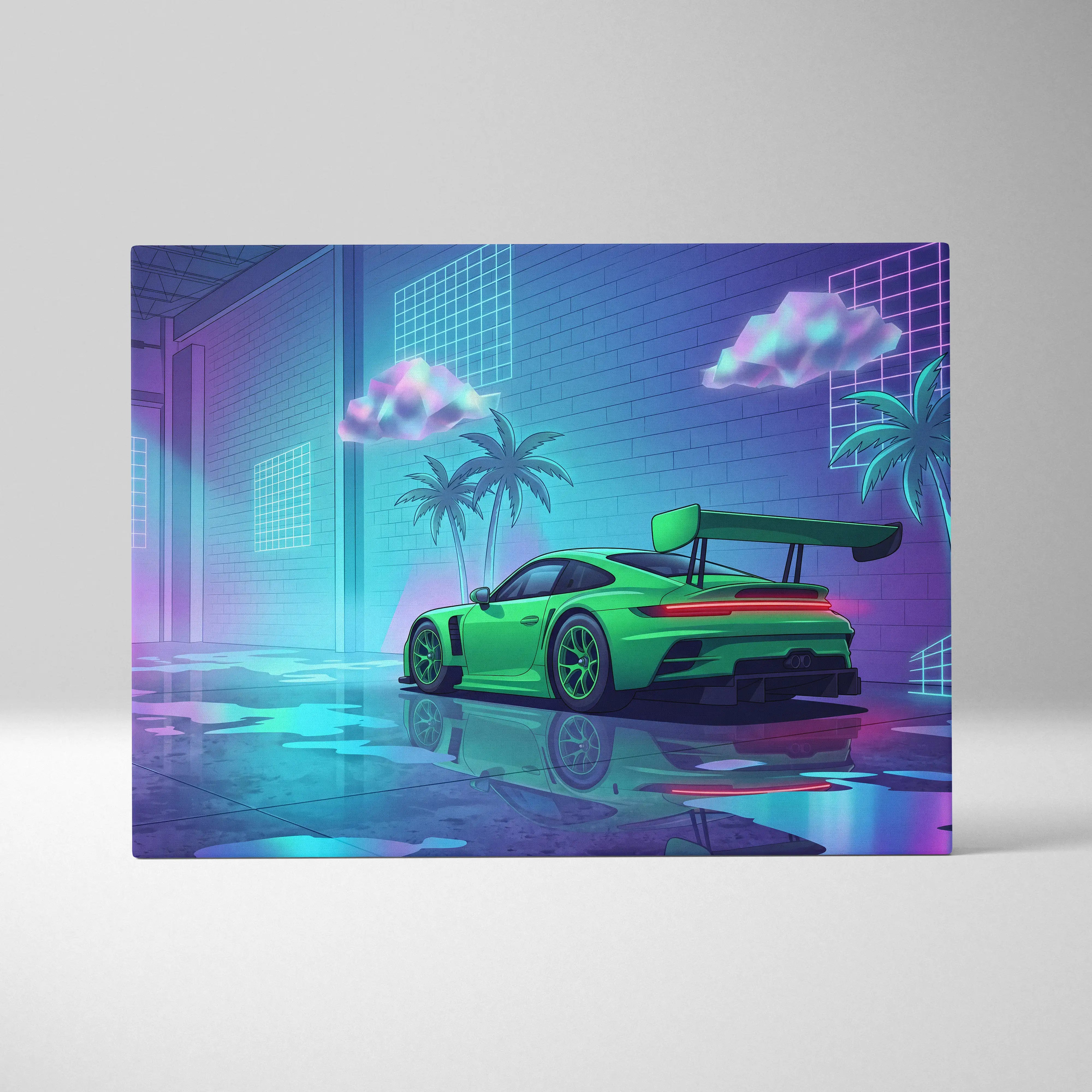 Porsche 911 GT3 RS Inspired Green Purple Canvas Wall Art Vaporwave Neon Garage Sports Car Artwork, Cyberpunk Palm Motorsport Decor