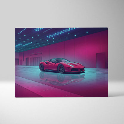 Ferrari 458 Italia Inspired Red Purple Canvas Wall Art, Vaporwave Supercar Artwork, Neon Garage Decor, Retro Futuristic Exotic Print