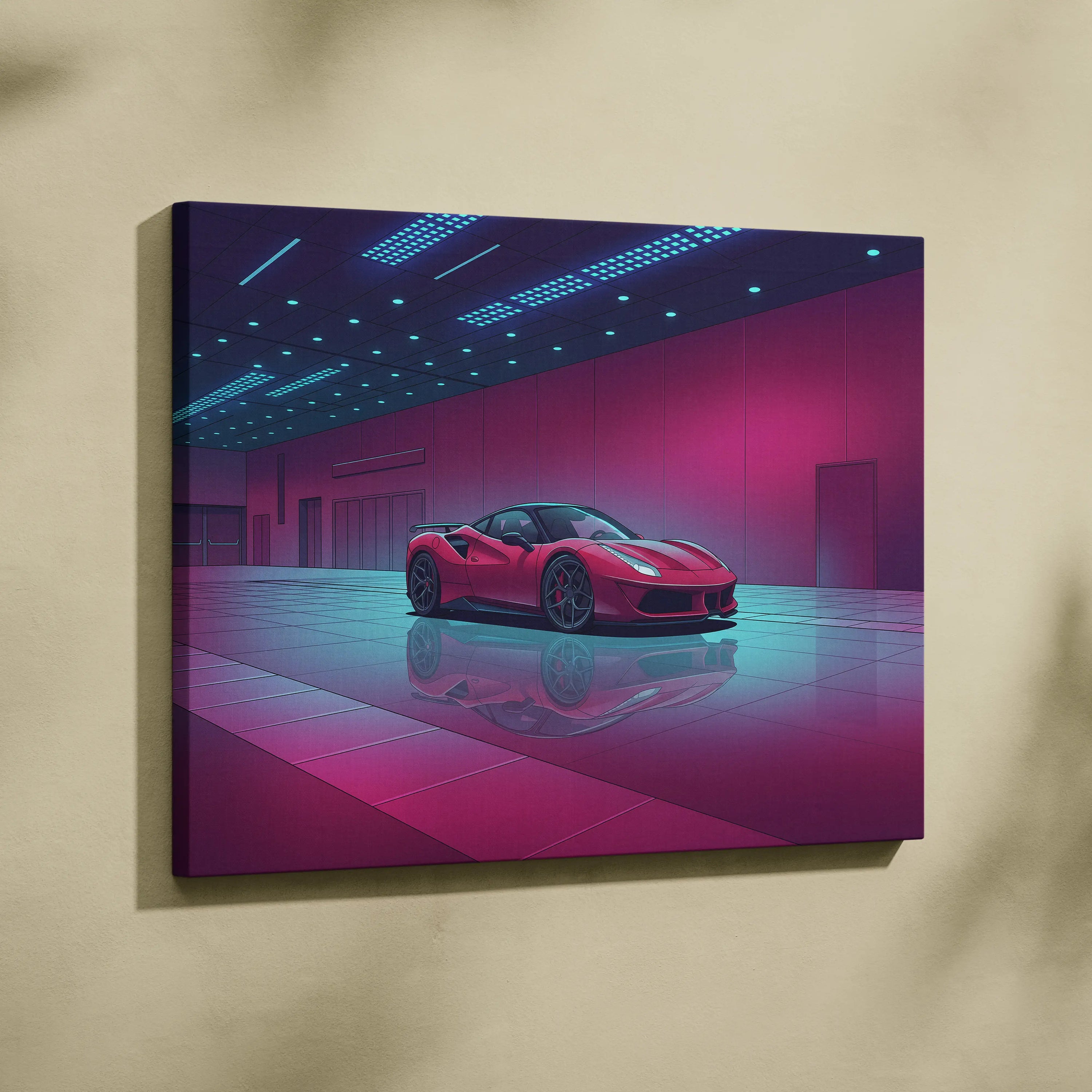 Ferrari 458 Italia Inspired Red Purple Canvas Wall Art, Vaporwave Supercar Artwork, Neon Garage Decor, Retro Futuristic Exotic Print