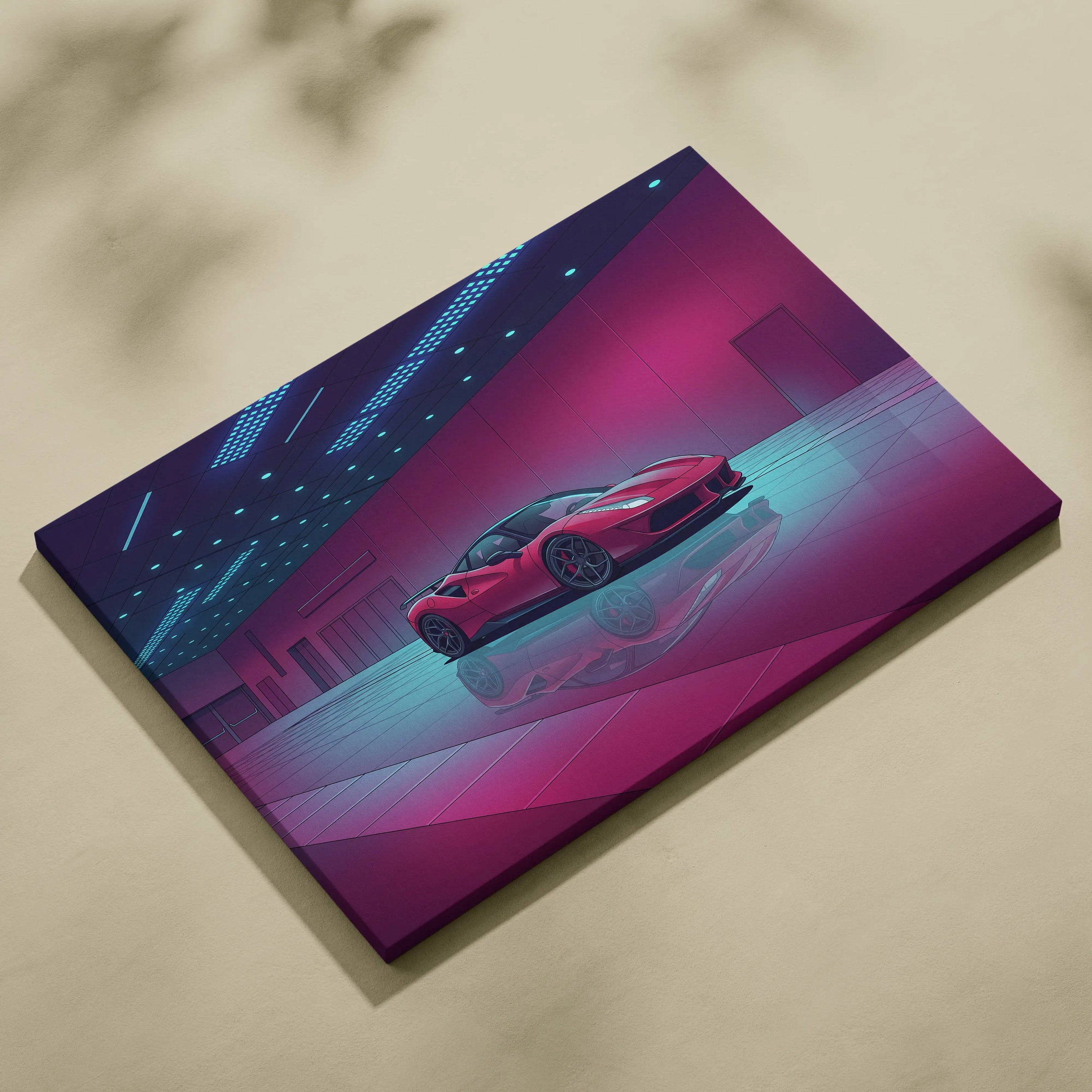 Ferrari 458 Italia Inspired Red Purple Canvas Wall Art, Vaporwave Supercar Artwork, Neon Garage Decor, Retro Futuristic Exotic Print