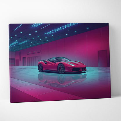 Ferrari 458 Italia Inspired Red Purple Canvas Wall Art, Vaporwave Supercar Artwork, Neon Garage Decor, Retro Futuristic Exotic Print