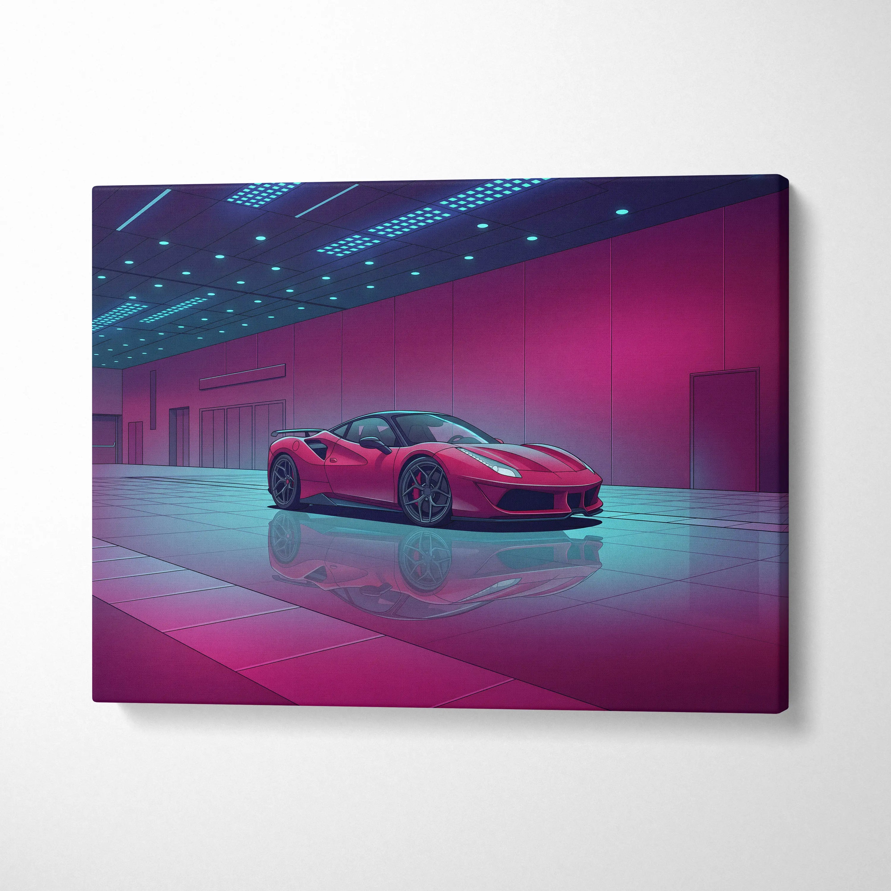 Ferrari 458 Italia Inspired Red Purple Canvas Wall Art, Vaporwave Supercar Artwork, Neon Garage Decor, Retro Futuristic Exotic Print