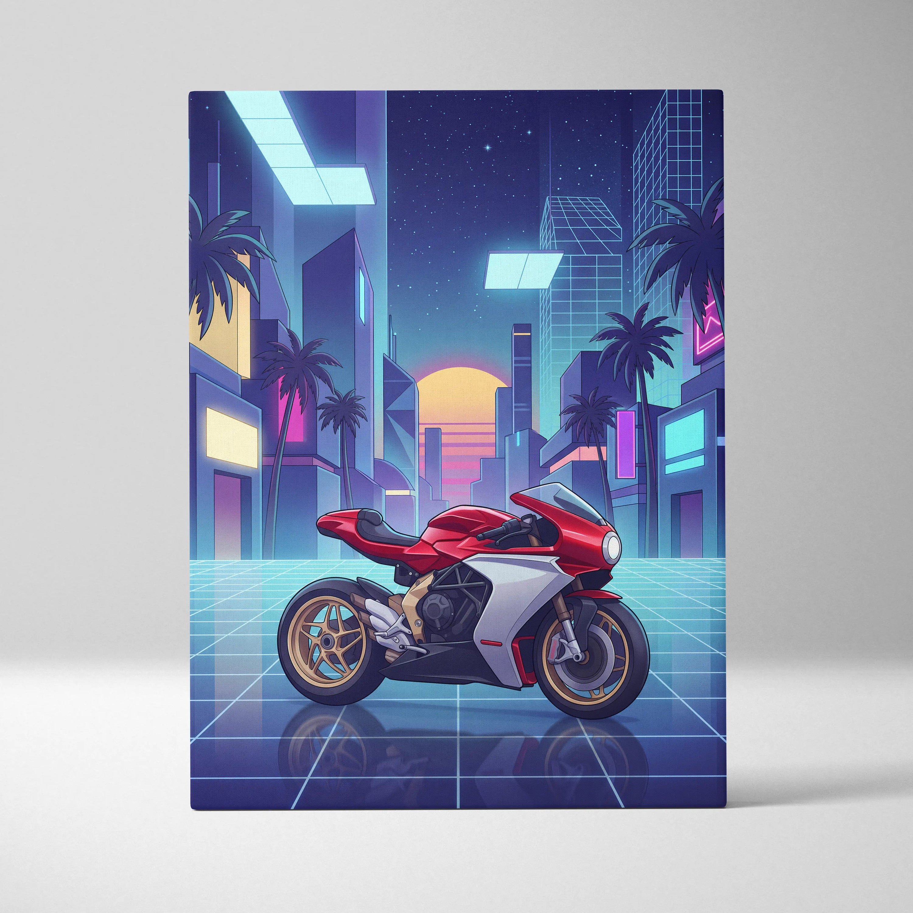 MV Agusta Superveloce Inspired Red White Vaporwave Motorcycle Canvas Wall Art Neon City Sportbike Artwork Retro Futuristic Garage Decor