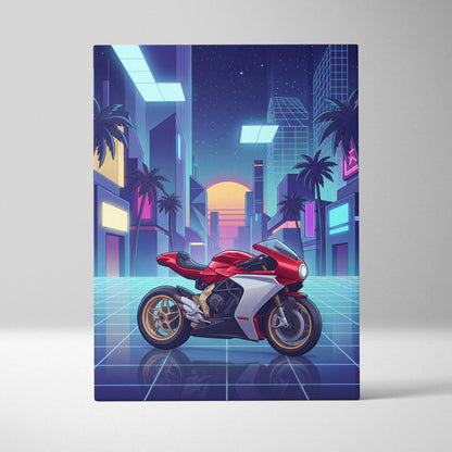 MV Agusta Superveloce Inspired Red White Vaporwave Motorcycle Canvas Wall Art Neon City Sportbike Artwork Retro Futuristic Garage Decor