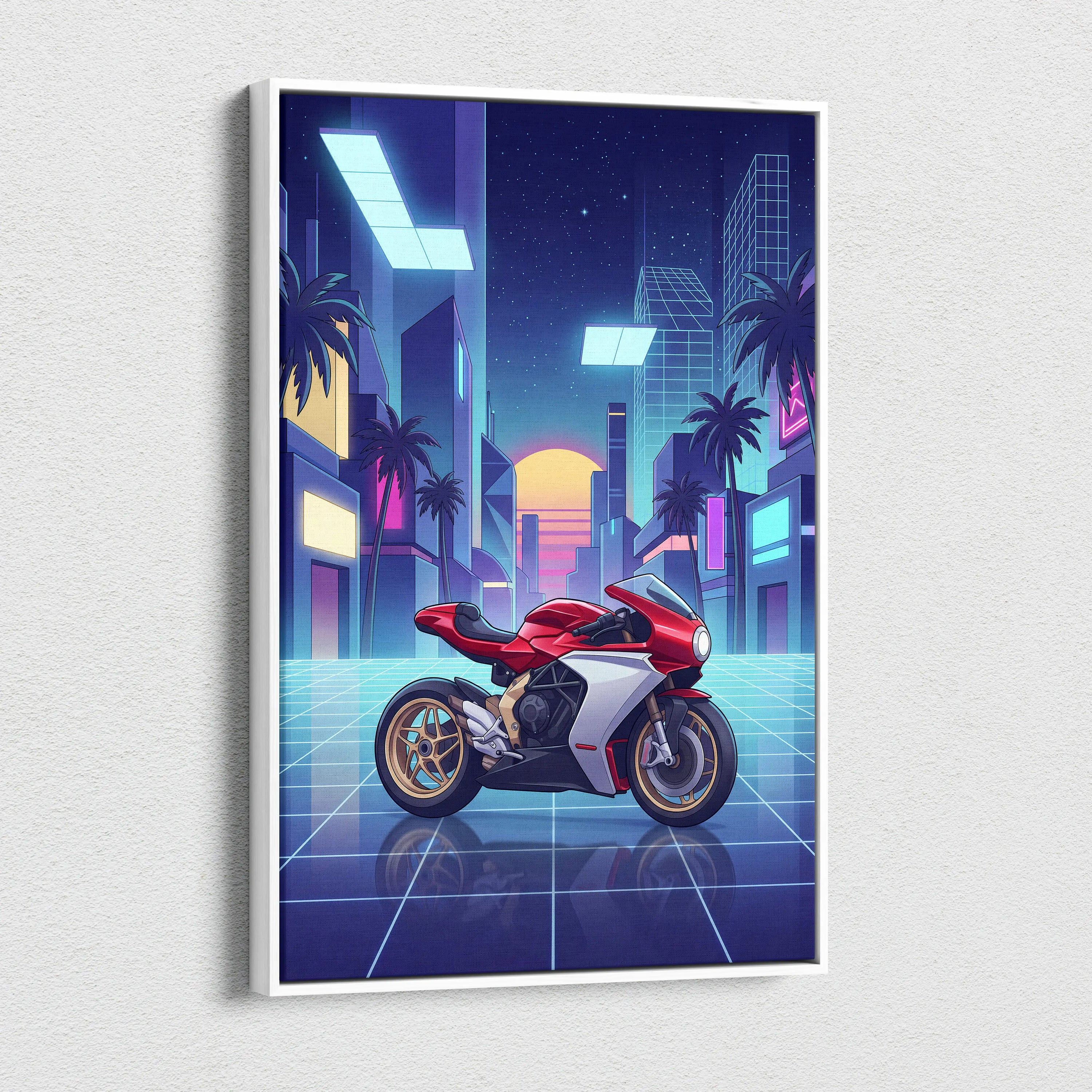 MV Agusta Superveloce Inspired Red White Vaporwave Motorcycle Canvas Wall Art Neon City Sportbike Artwork Retro Futuristic Garage Decor