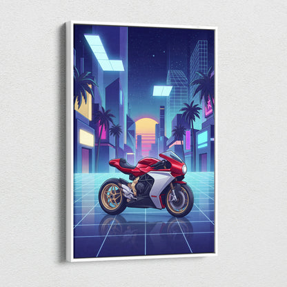 MV Agusta Superveloce Inspired Red White Vaporwave Motorcycle Canvas Wall Art Neon City Sportbike Artwork Retro Futuristic Garage Decor