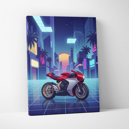 MV Agusta Superveloce Inspired Red White Vaporwave Motorcycle Canvas Wall Art Neon City Sportbike Artwork Retro Futuristic Garage Decor