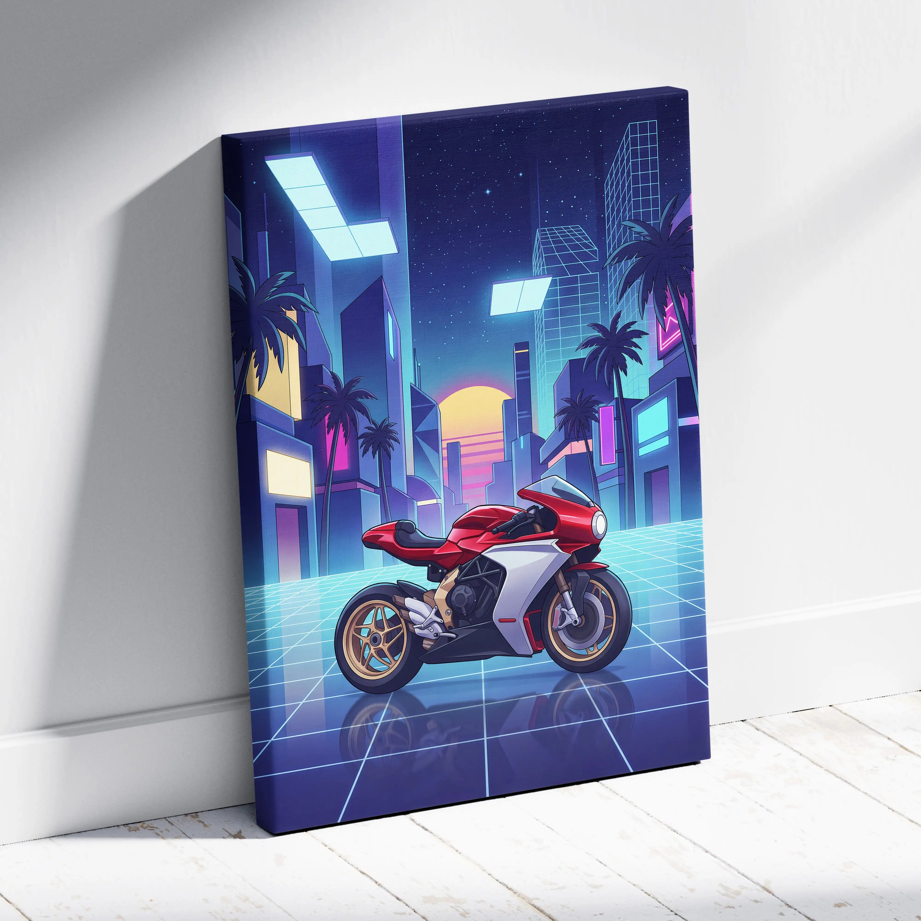 MV Agusta Superveloce Inspired Red White Vaporwave Motorcycle Canvas Wall Art Neon City Sportbike Artwork Retro Futuristic Garage Decor