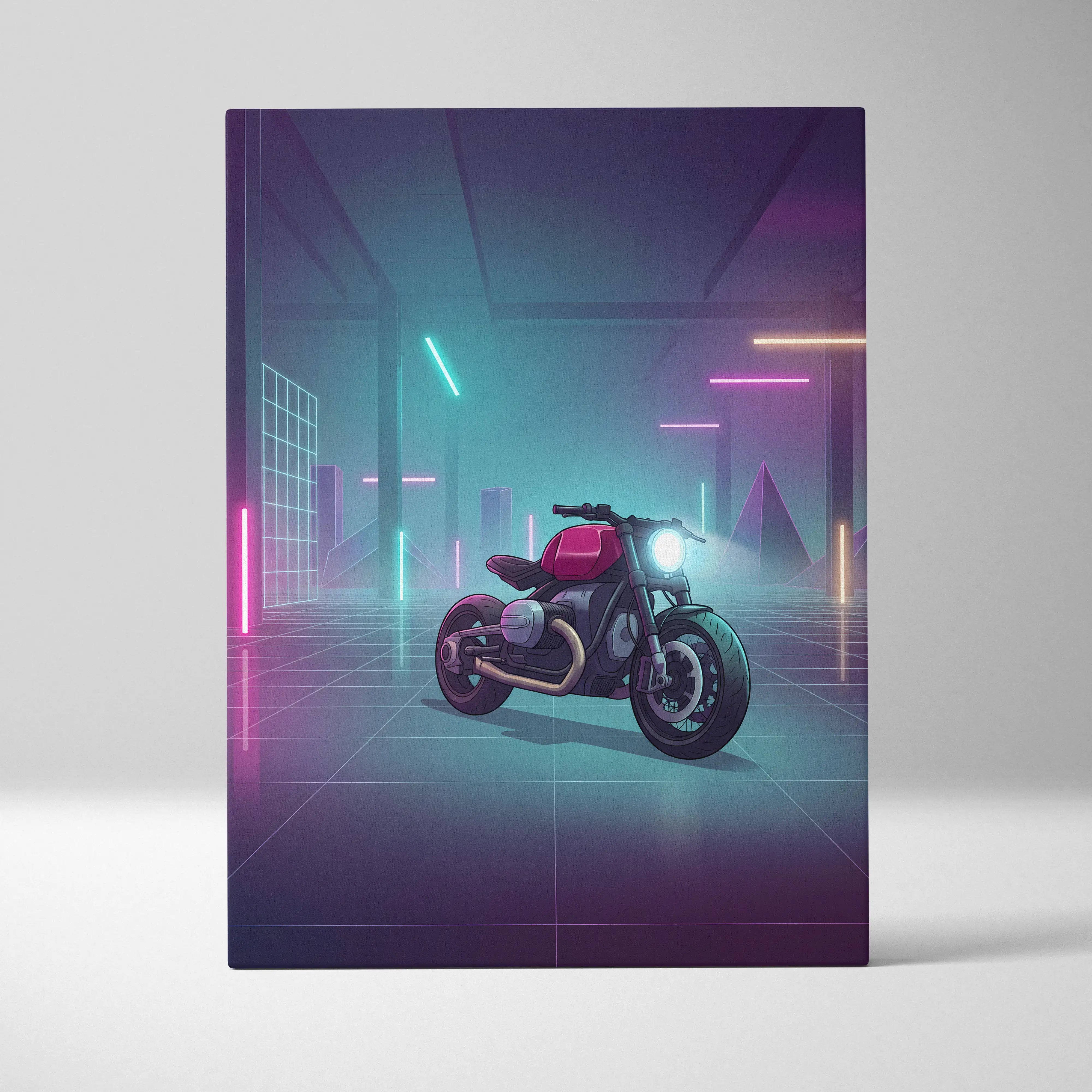 Custom BMW R9T Inspired Red Teal Motorcycle Canvas Wall Art Vaporwave Neon Garage Cruiser Artwork for Man Cave Decor Retro Futuristic Print