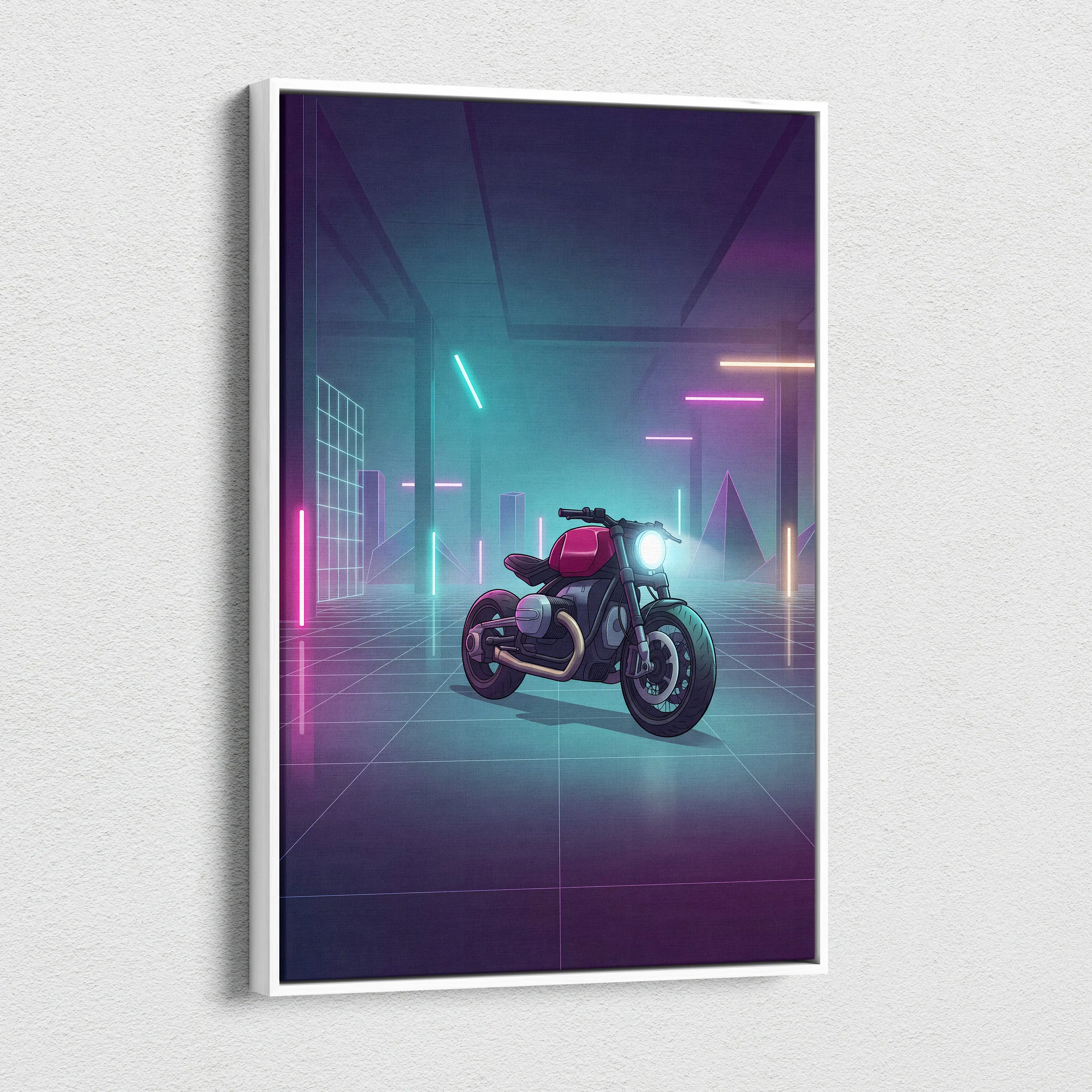 Custom BMW R9T Inspired Red Teal Motorcycle Canvas Wall Art Vaporwave Neon Garage Cruiser Artwork for Man Cave Decor Retro Futuristic Print