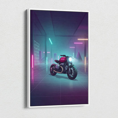 Custom BMW R9T Inspired Red Teal Motorcycle Canvas Wall Art Vaporwave Neon Garage Cruiser Artwork for Man Cave Decor Retro Futuristic Print