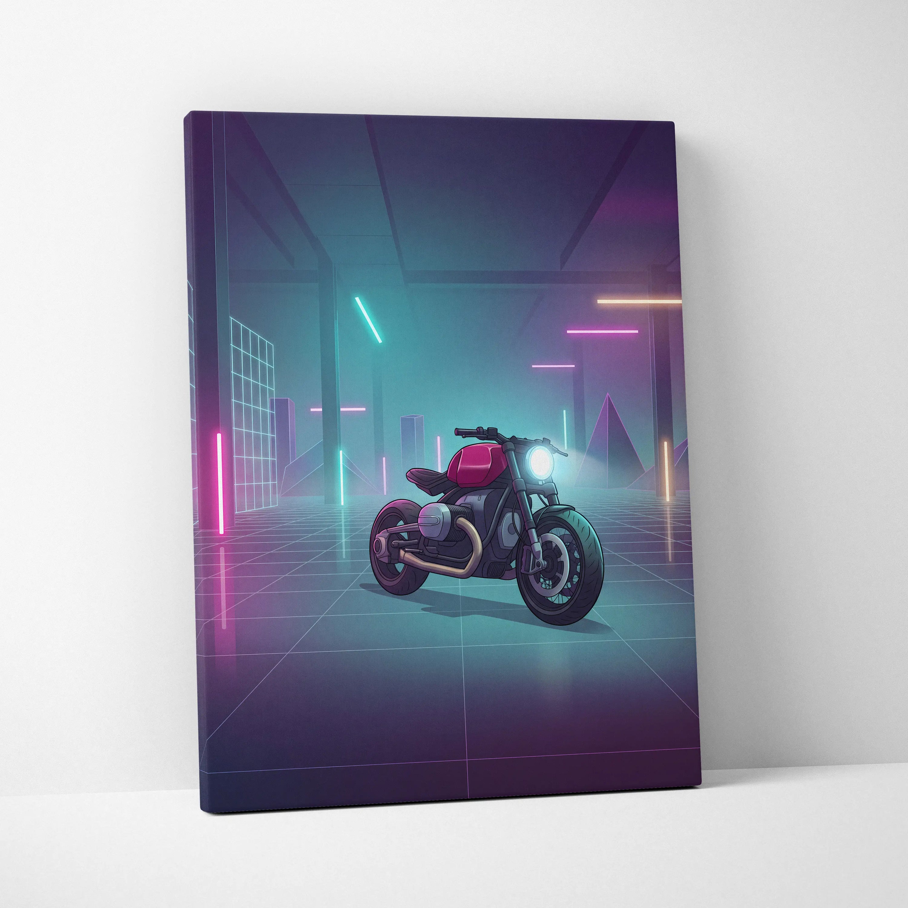 Custom BMW R9T Inspired Red Teal Motorcycle Canvas Wall Art Vaporwave Neon Garage Cruiser Artwork for Man Cave Decor Retro Futuristic Print