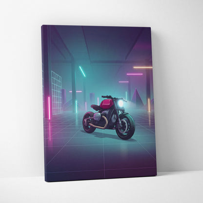 Custom BMW R9T Inspired Red Teal Motorcycle Canvas Wall Art Vaporwave Neon Garage Cruiser Artwork for Man Cave Decor Retro Futuristic Print