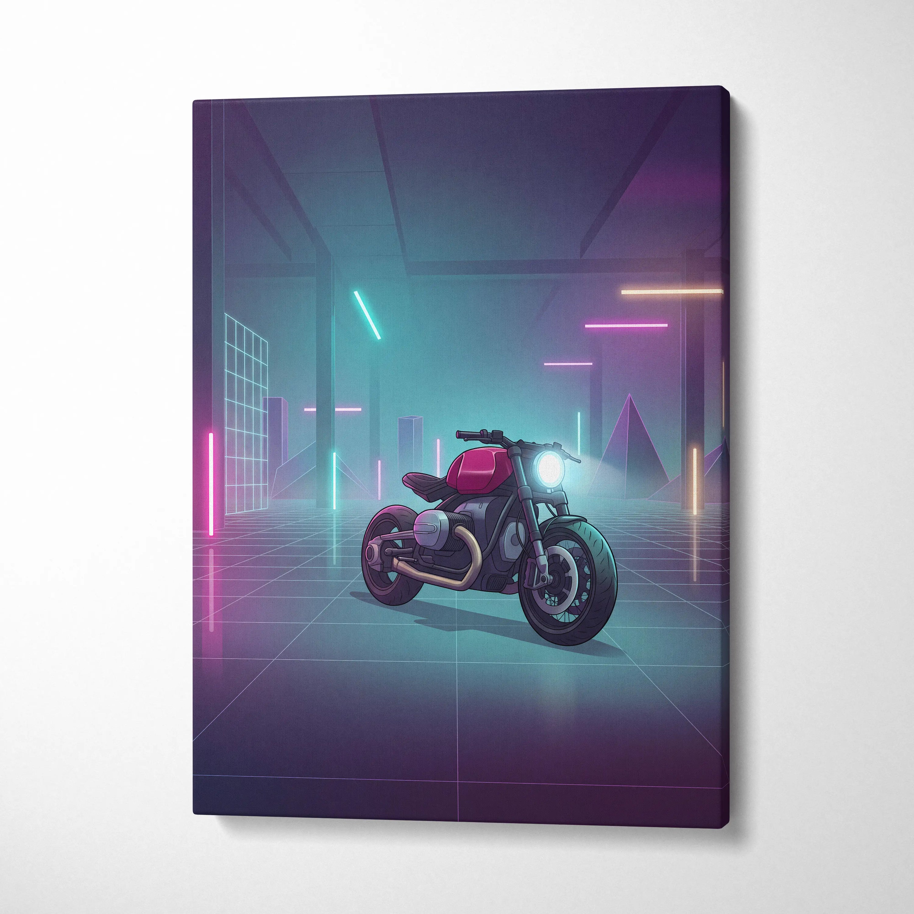 Custom BMW R9T Inspired Red Teal Motorcycle Canvas Wall Art Vaporwave Neon Garage Cruiser Artwork for Man Cave Decor Retro Futuristic Print