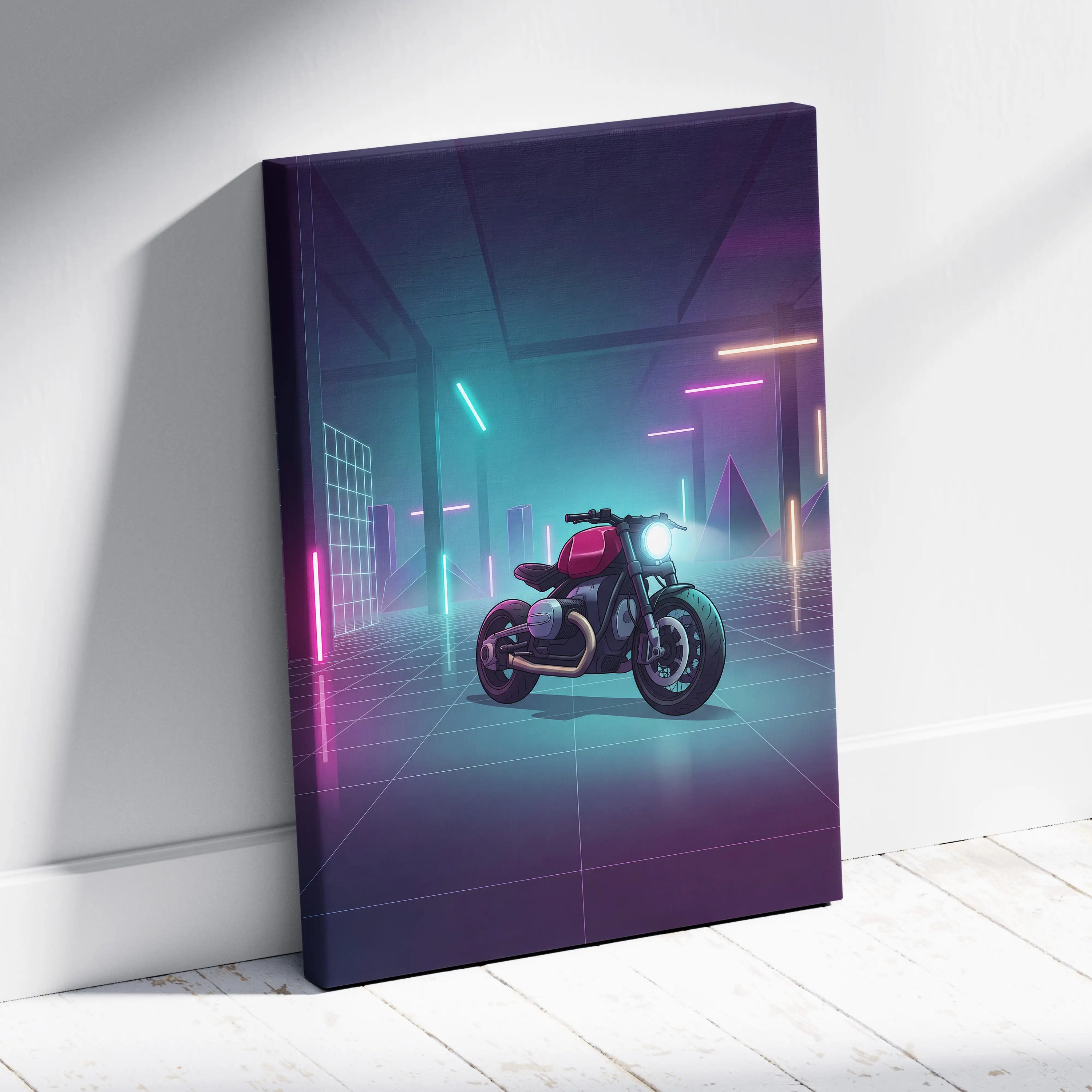 Custom BMW R9T Inspired Red Teal Motorcycle Canvas Wall Art Vaporwave Neon Garage Cruiser Artwork for Man Cave Decor Retro Futuristic Print