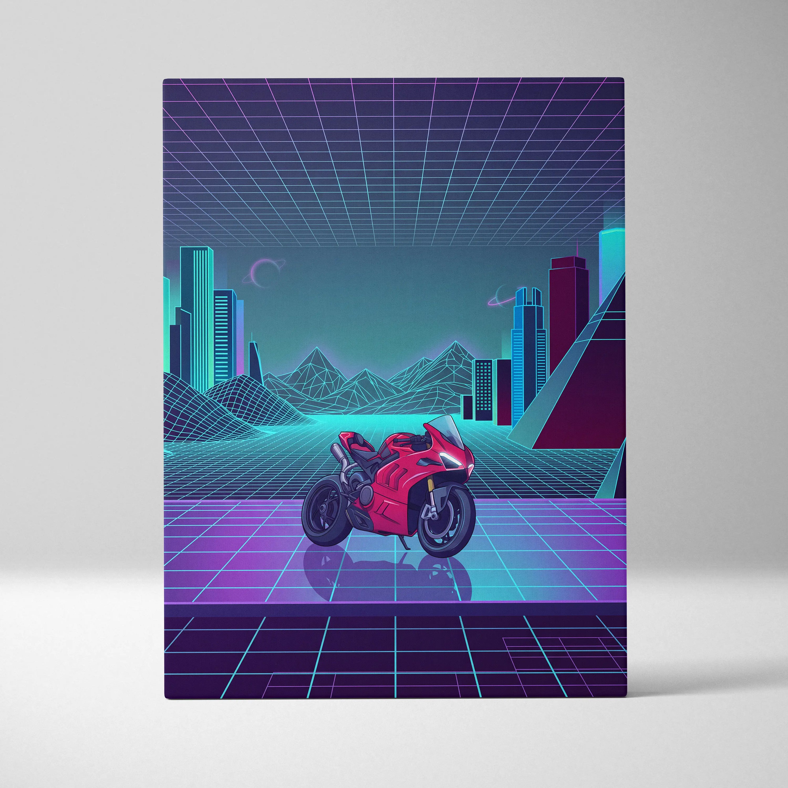 Ducati Panigale V4 Inspired Red Cyan Motorcycle Canvas Wall Art Vaporwave Neon Sportbike Garage Decor Retro Futuristic Racing Artwork
