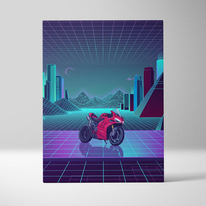 Ducati Panigale V4 Inspired Red Cyan Motorcycle Canvas Wall Art Vaporwave Neon Sportbike Garage Decor Retro Futuristic Racing Artwork