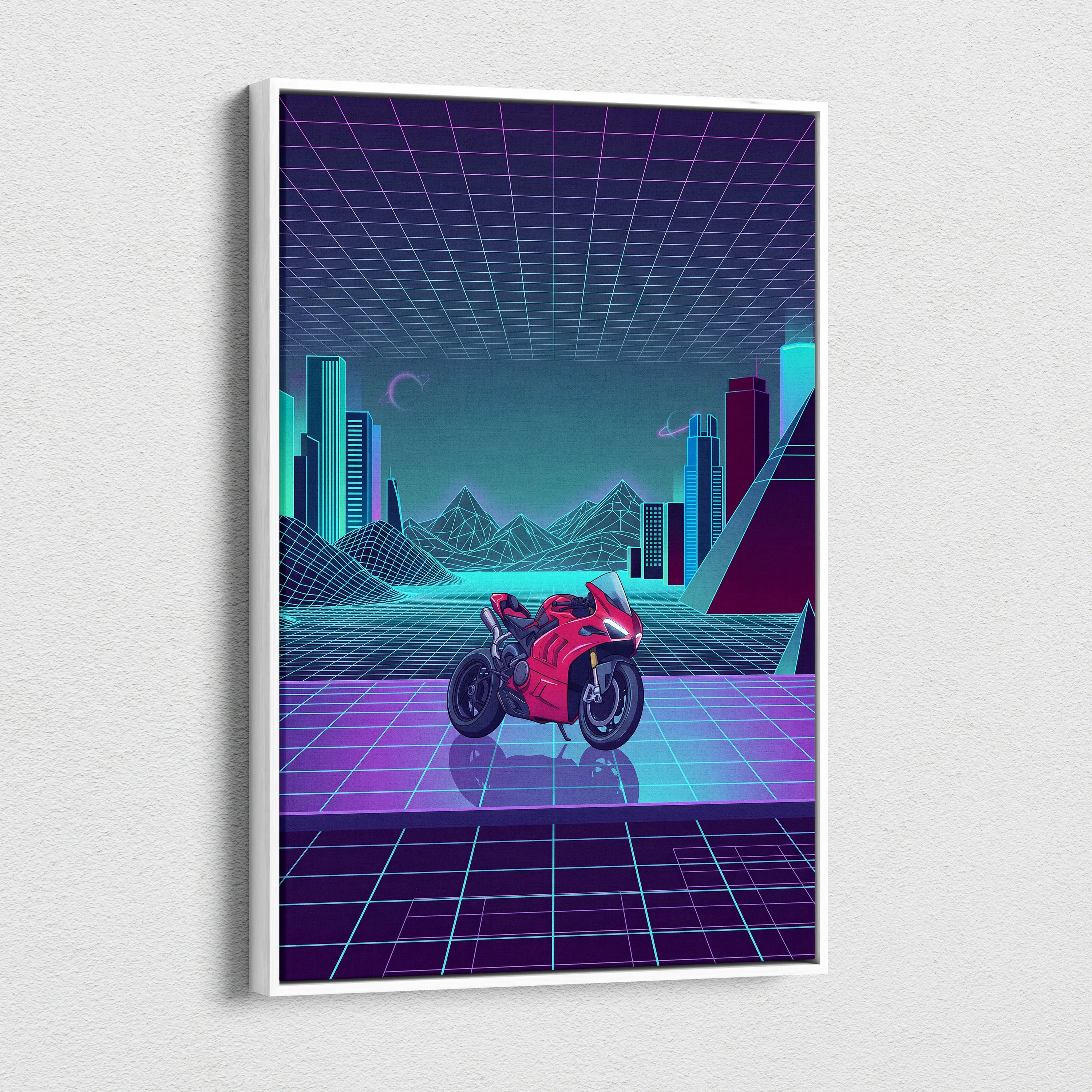 Ducati Panigale V4 Inspired Red Cyan Motorcycle Canvas Wall Art Vaporwave Neon Sportbike Garage Decor Retro Futuristic Racing Artwork