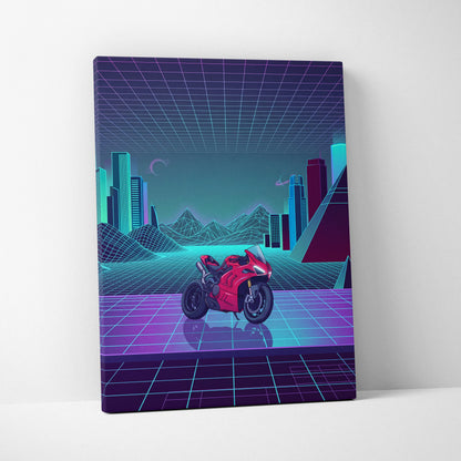 Ducati Panigale V4 Inspired Red Cyan Motorcycle Canvas Wall Art Vaporwave Neon Sportbike Garage Decor Retro Futuristic Racing Artwork