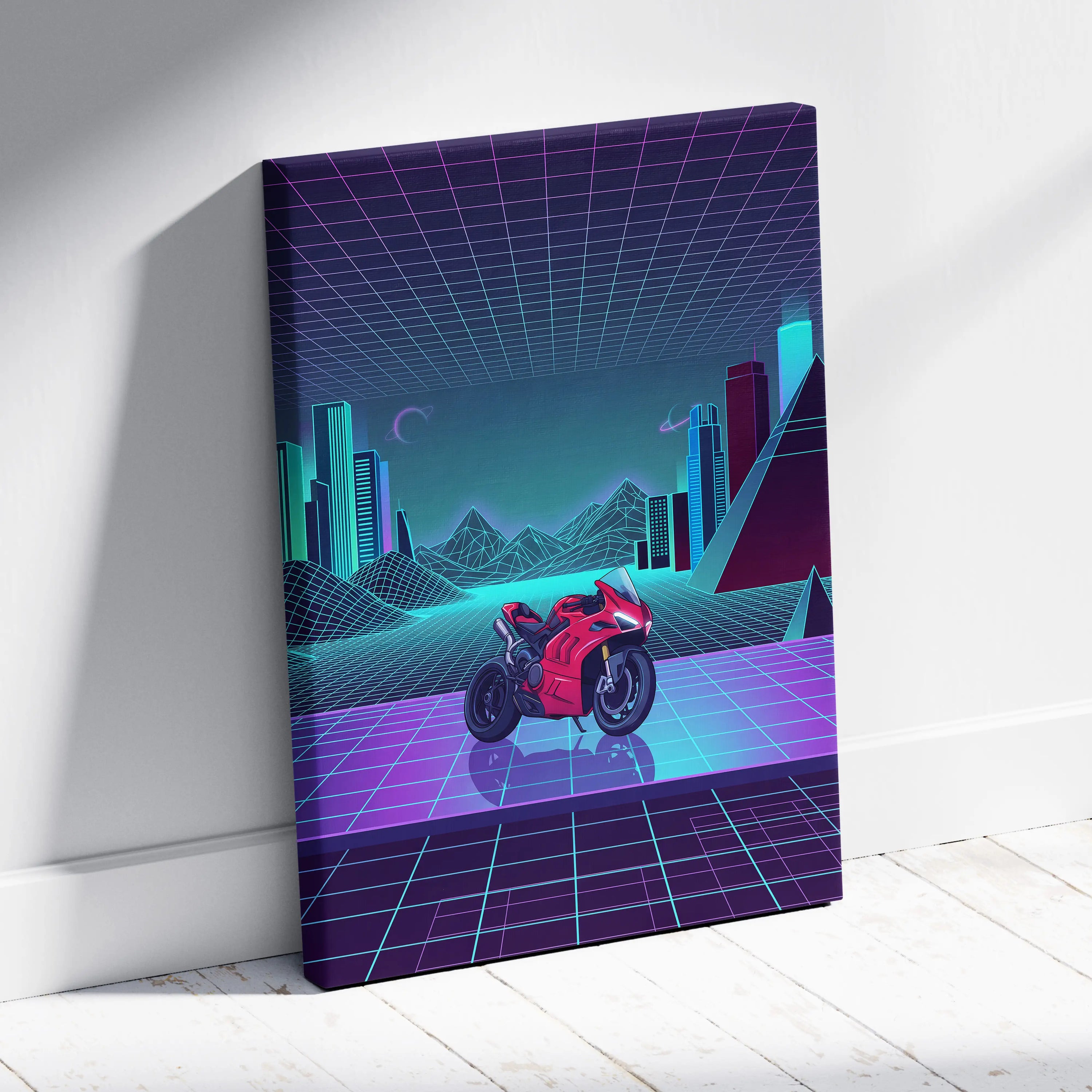 Ducati Panigale V4 Inspired Red Cyan Motorcycle Canvas Wall Art Vaporwave Neon Sportbike Garage Decor Retro Futuristic Racing Artwork