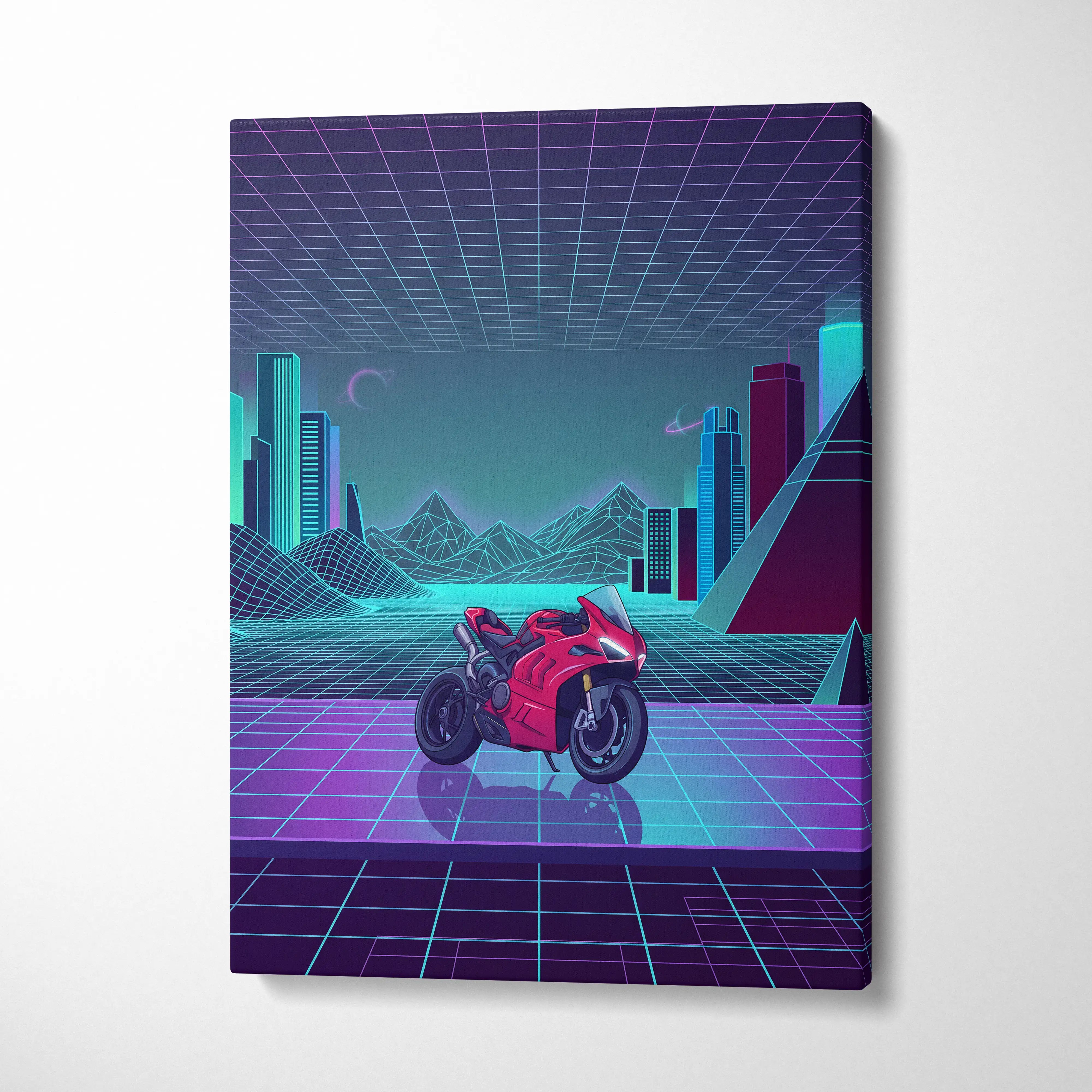 Ducati Panigale V4 Inspired Red Cyan Motorcycle Canvas Wall Art Vaporwave Neon Sportbike Garage Decor Retro Futuristic Racing Artwork