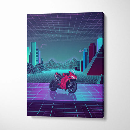 Ducati Panigale V4 Inspired Red Cyan Motorcycle Canvas Wall Art Vaporwave Neon Sportbike Garage Decor Retro Futuristic Racing Artwork