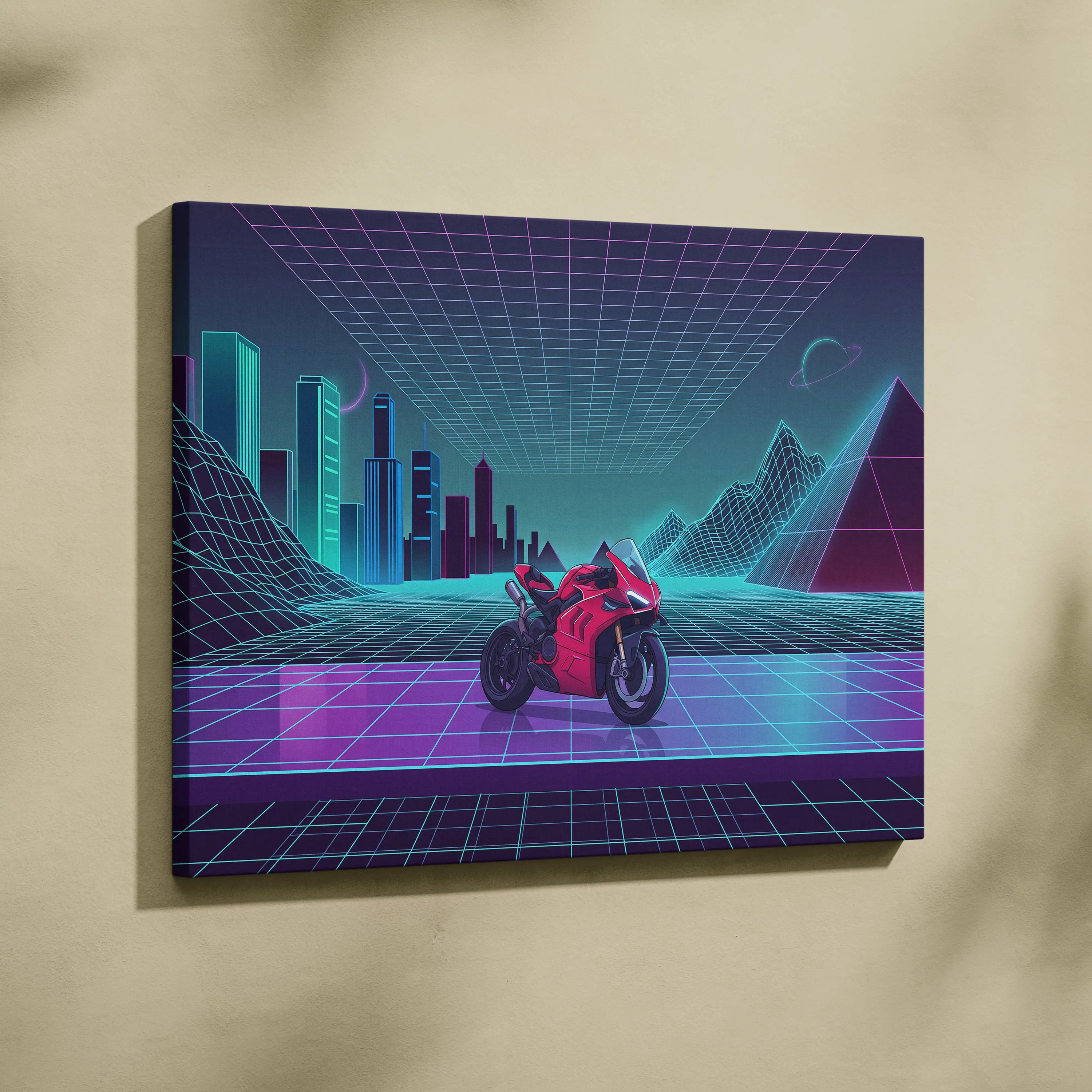 Ducati Panigale V4 Inspired Red Cyan Motorcycle Canvas Wall Art Vaporwave Neon Sportbike Garage Decor Retro Futuristic Racing Artwork
