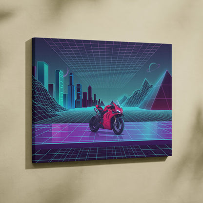 Ducati Panigale V4 Inspired Red Cyan Motorcycle Canvas Wall Art Vaporwave Neon Sportbike Garage Decor Retro Futuristic Racing Artwork