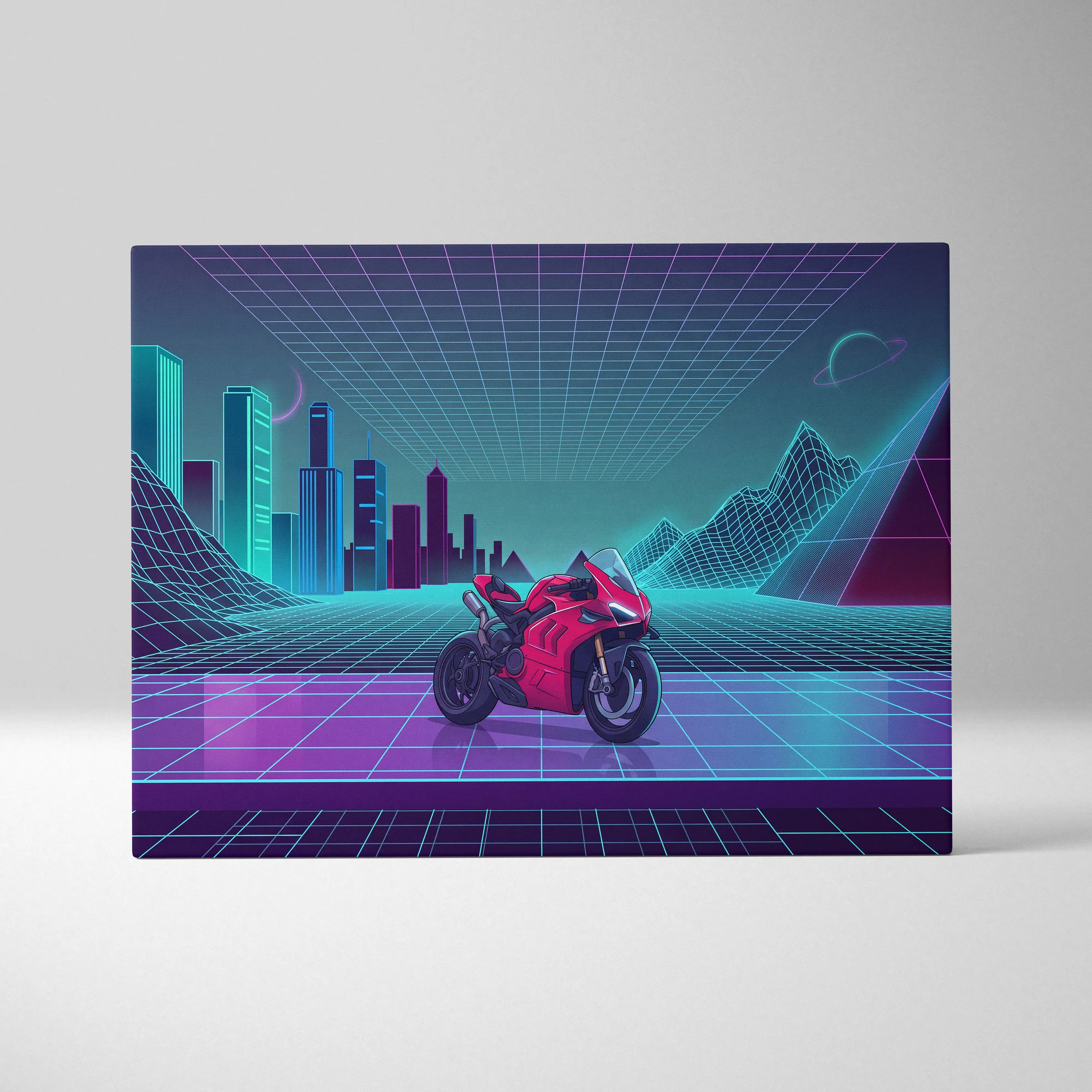 Ducati Panigale V4 Inspired Red Cyan Motorcycle Canvas Wall Art Vaporwave Neon Sportbike Garage Decor Retro Futuristic Racing Artwork