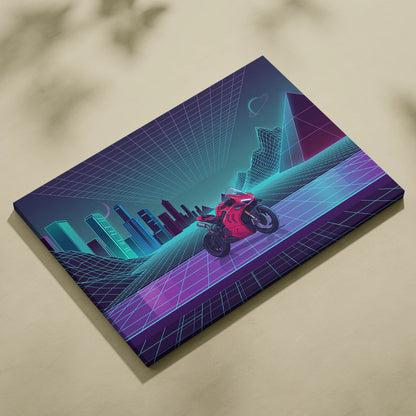 Ducati Panigale V4 Inspired Red Cyan Motorcycle Canvas Wall Art Vaporwave Neon Sportbike Garage Decor Retro Futuristic Racing Artwork
