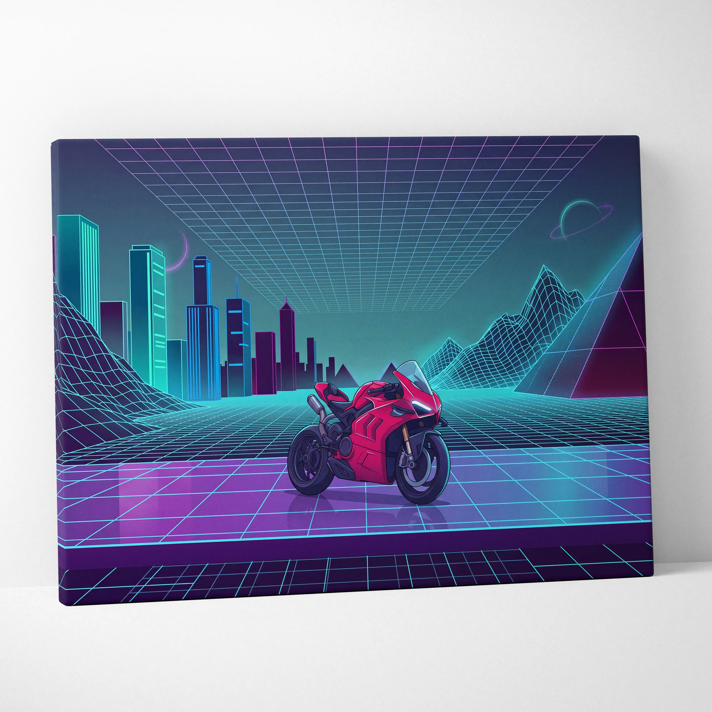Ducati Panigale V4 Inspired Red Cyan Motorcycle Canvas Wall Art Vaporwave Neon Sportbike Garage Decor Retro Futuristic Racing Artwork