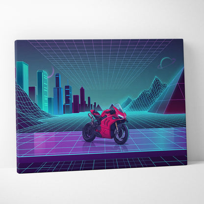 Ducati Panigale V4 Inspired Red Cyan Motorcycle Canvas Wall Art Vaporwave Neon Sportbike Garage Decor Retro Futuristic Racing Artwork