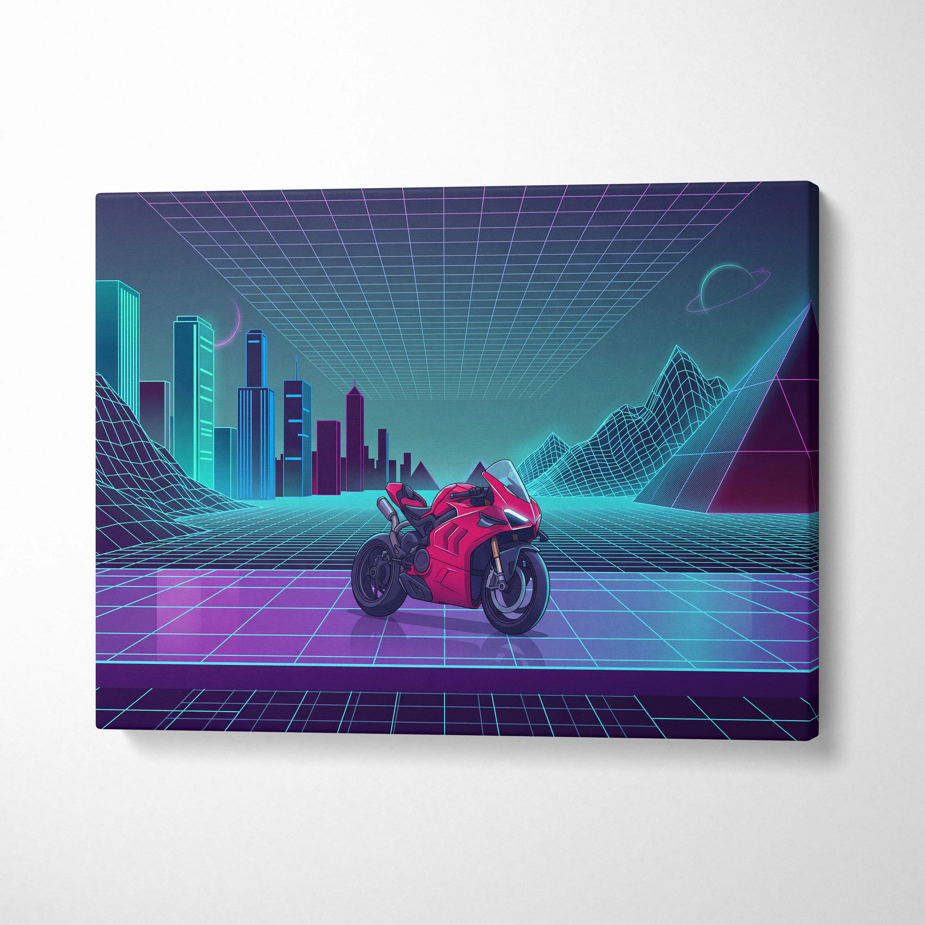Ducati Panigale V4 Inspired Red Cyan Motorcycle Canvas Wall Art Vaporwave Neon Sportbike Garage Decor Retro Futuristic Racing Artwork