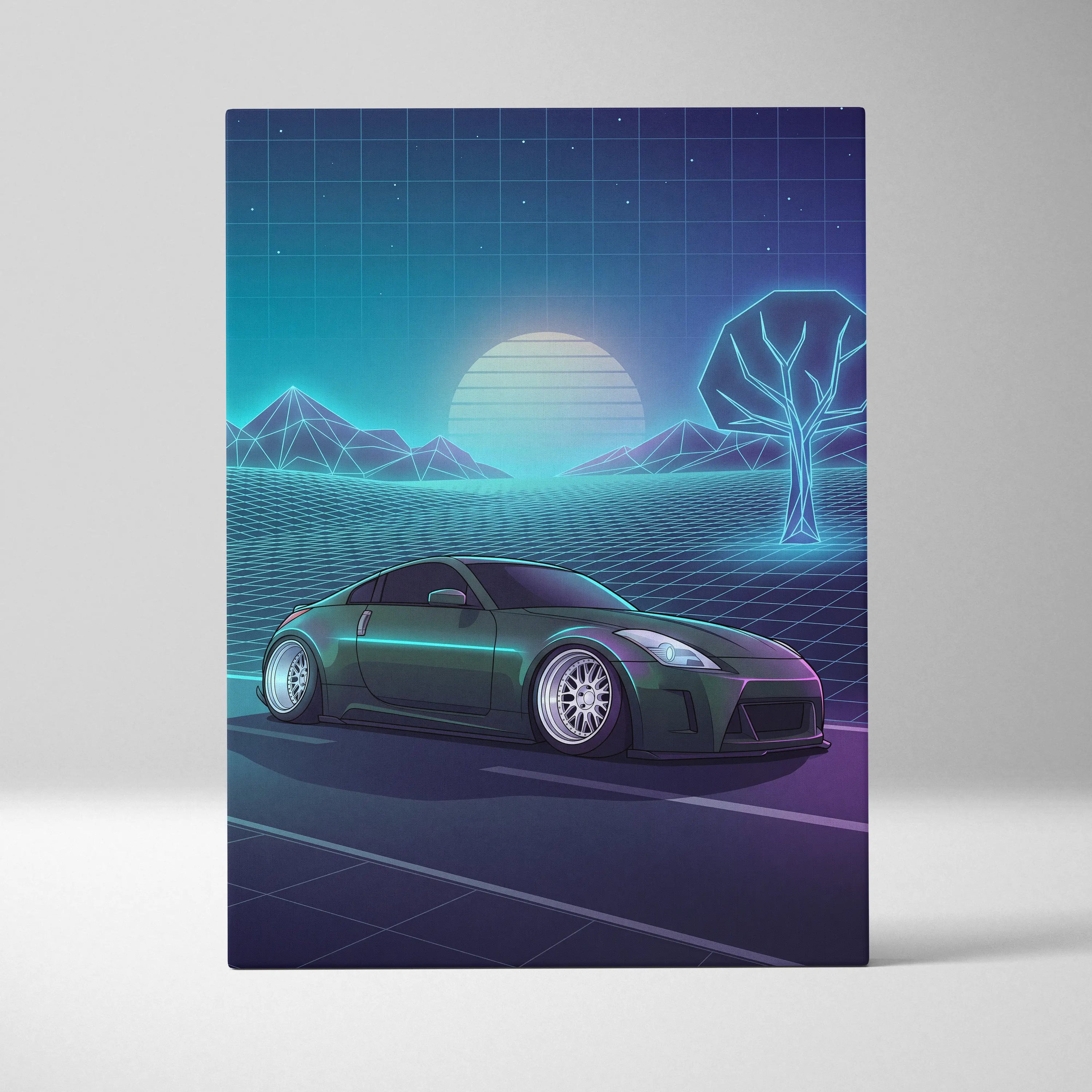 Nissan 350Z Inspired Green Teal Canvas Wall Art Vaporwave JDM Car Artwork, Neon Grid Landscape Garage Decor Retro Futuristic Print