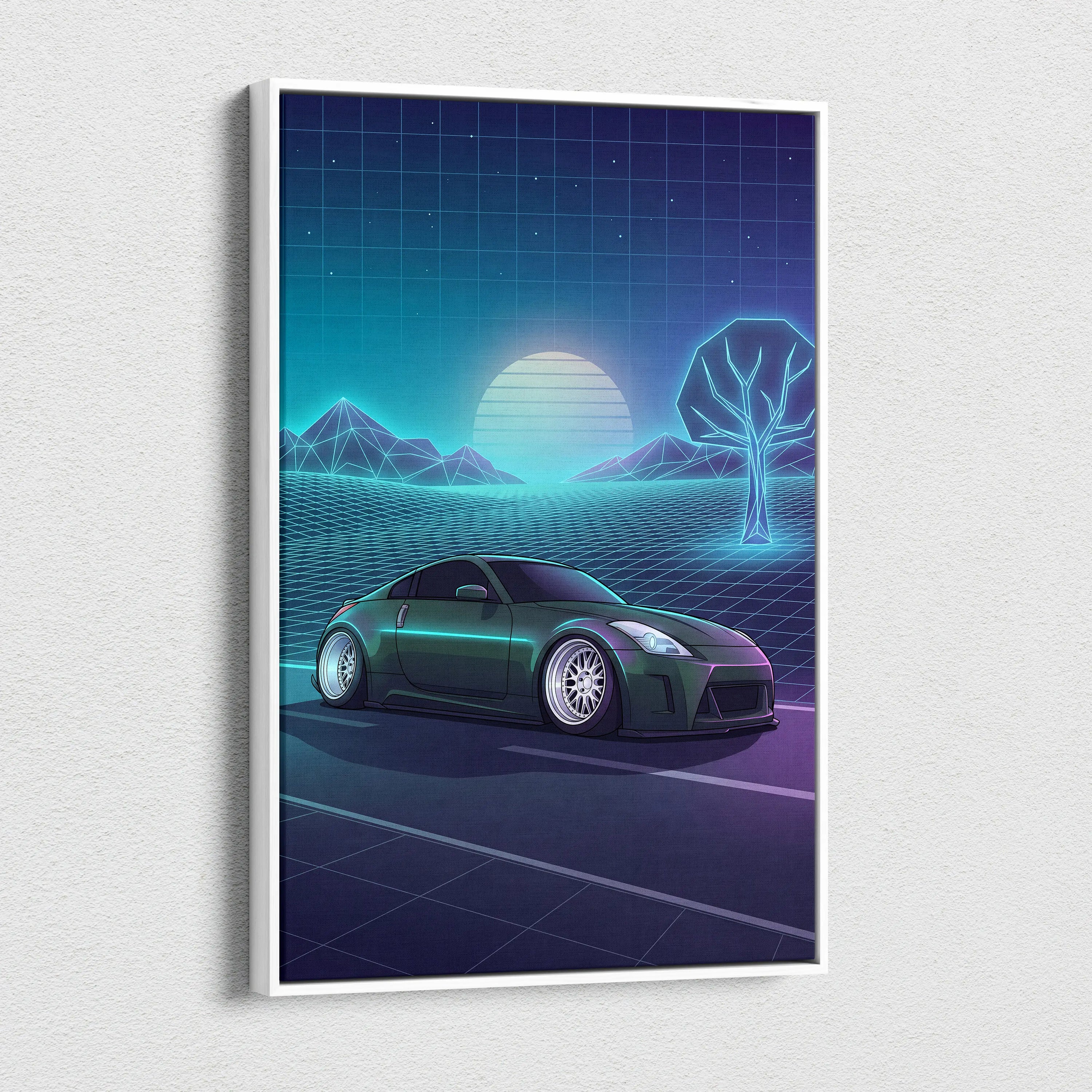 Nissan 350Z Inspired Green Teal Canvas Wall Art Vaporwave JDM Car Artwork, Neon Grid Landscape Garage Decor Retro Futuristic Print