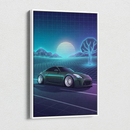 Nissan 350Z Inspired Green Teal Canvas Wall Art Vaporwave JDM Car Artwork, Neon Grid Landscape Garage Decor Retro Futuristic Print