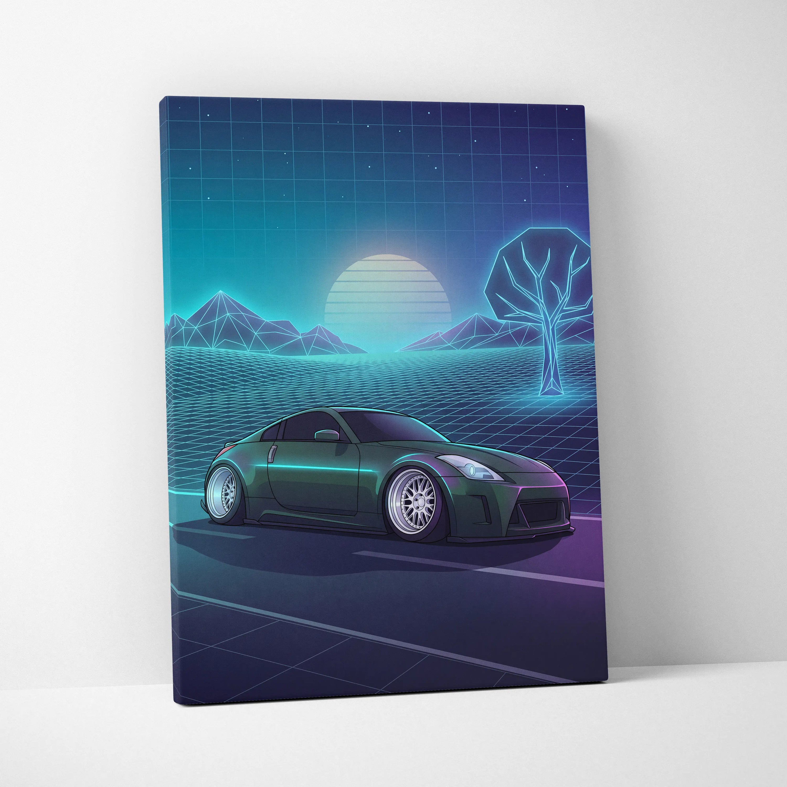 Nissan 350Z Inspired Green Teal Canvas Wall Art Vaporwave JDM Car Artwork, Neon Grid Landscape Garage Decor Retro Futuristic Print