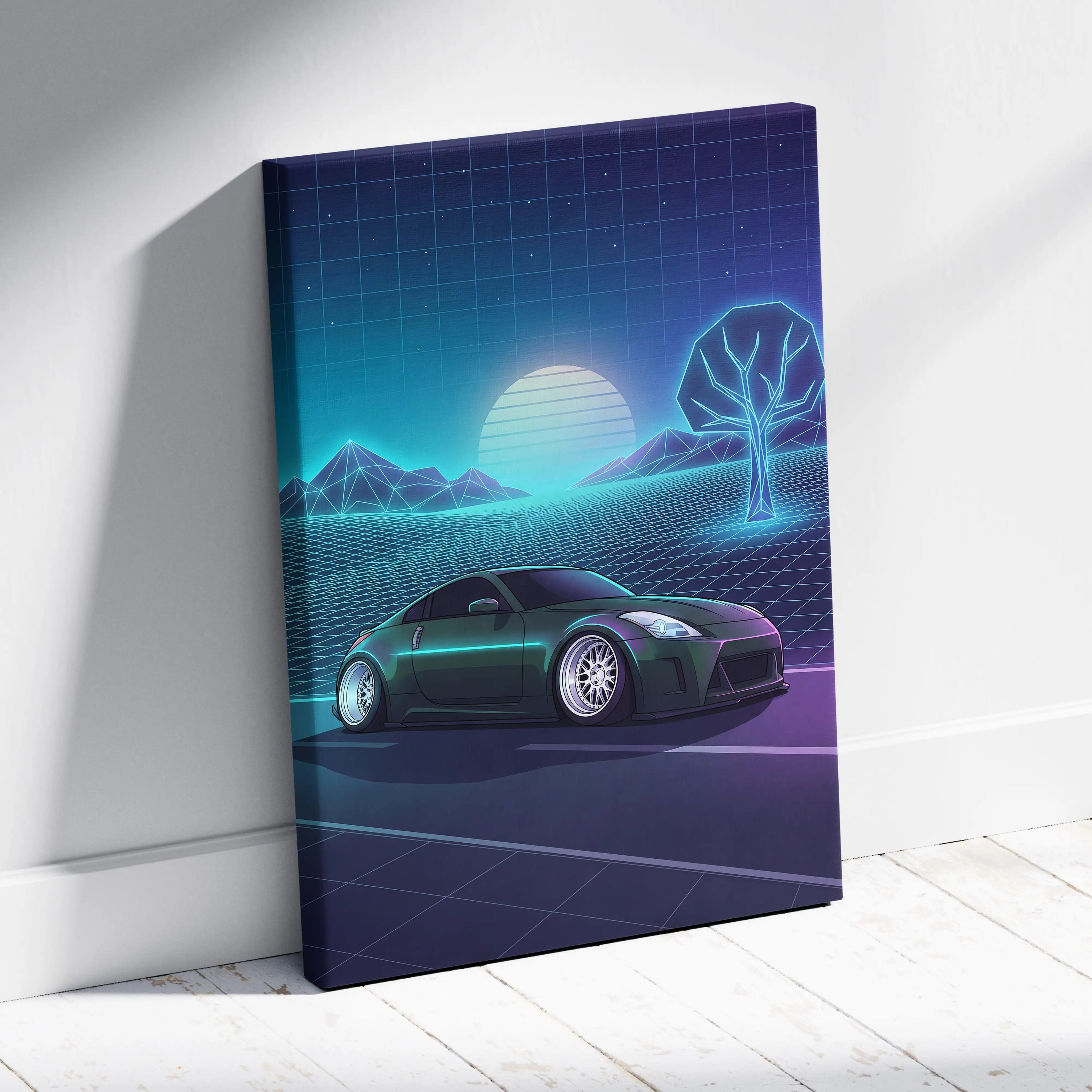 Nissan 350Z Inspired Green Teal Canvas Wall Art Vaporwave JDM Car Artwork, Neon Grid Landscape Garage Decor Retro Futuristic Print