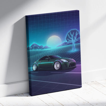 Nissan 350Z Inspired Green Teal Canvas Wall Art Vaporwave JDM Car Artwork, Neon Grid Landscape Garage Decor Retro Futuristic Print