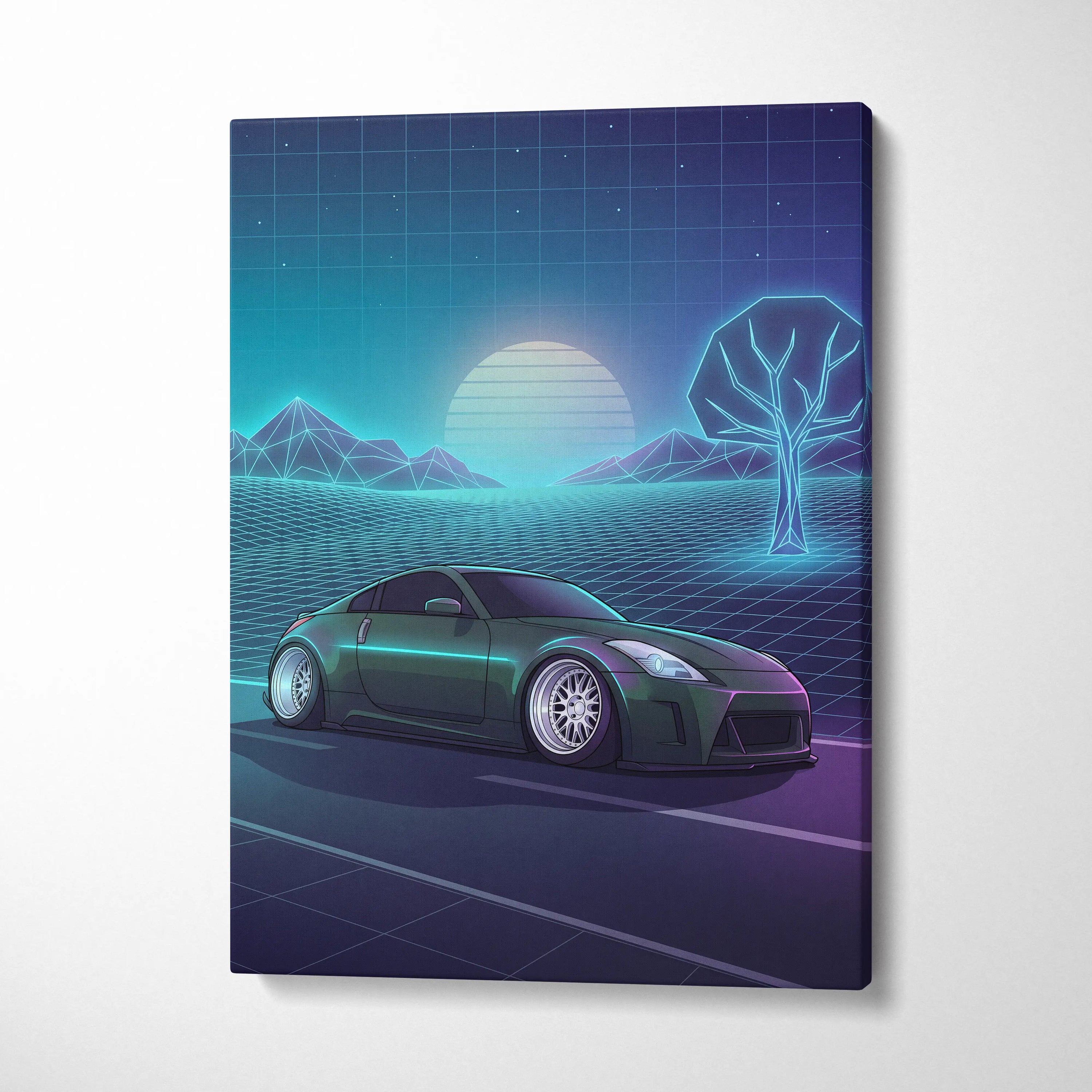 Nissan 350Z Inspired Green Teal Canvas Wall Art Vaporwave JDM Car Artwork, Neon Grid Landscape Garage Decor Retro Futuristic Print