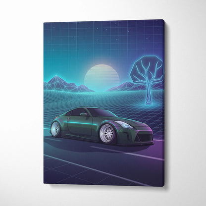 Nissan 350Z Inspired Green Teal Canvas Wall Art Vaporwave JDM Car Artwork, Neon Grid Landscape Garage Decor Retro Futuristic Print