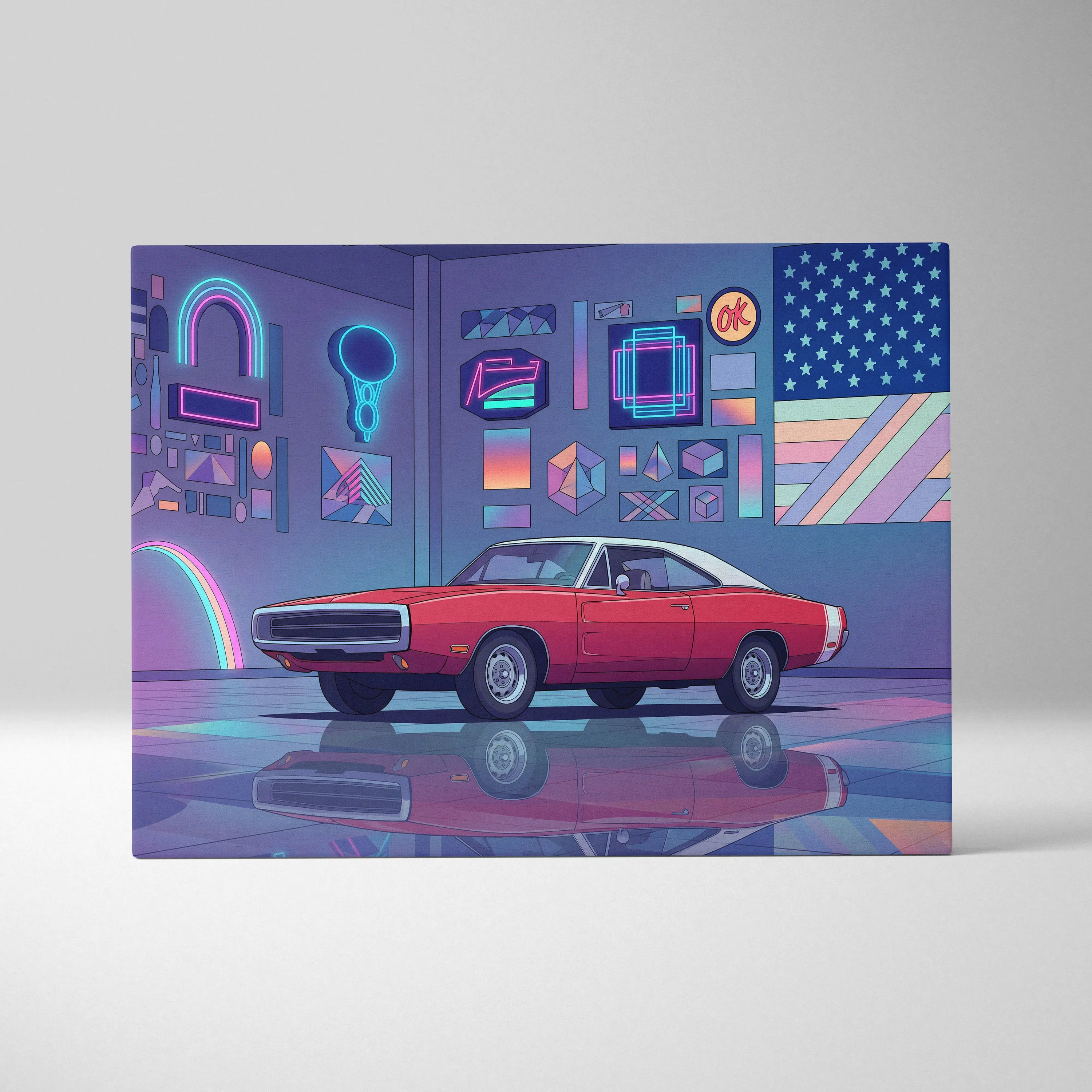Dodge Charger Inspired Red Purple Canvas Wall Art, Vaporwave Muscle Car Artwork, Neon Garage Decor, Retro Futuristic Classic Car Print