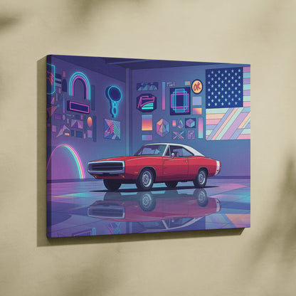 Dodge Charger Inspired Red Purple Canvas Wall Art, Vaporwave Muscle Car Artwork, Neon Garage Decor, Retro Futuristic Classic Car Print